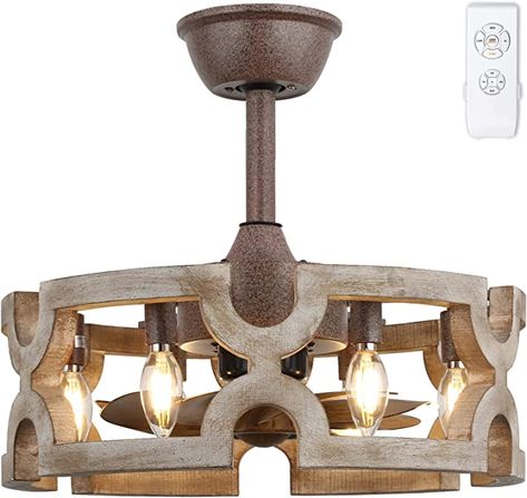 Looking for unique light for your home?  This is a 18" rustic ceiling fan light, made of vintage solid wood in a distressed finish with mottles, and metal in a rusty finish.  Vintage look gives your home in individual look.  Wood chandelier fan fixture meets your cooling and lighting needs.  Choose this light for to add flair to your living room ,bedroom, kitchen island, foyer, or dining room! Ceiling Fan With Light Farmhouse, Oak Wood Ceiling, Farmhouse Ceiling Fans, Fandelier Ceiling Fan, Wood Ceiling Fan, Rustic Ceiling Fan, Bladeless Ceiling Fan, Wood Ceiling Fans, Caged Ceiling Fan