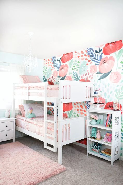 We are sharing 20+ adorable girls bedrooms with bunk beds over on our blog! If you've been on the fence on whether or not to get a bunk bed, this post should help you make your decision! Beddys Bedding, Girls Bedroom Wallpaper, Fantasy Bedroom, Big Girl Bedrooms, Bedroom Updates, Bedroom Wallpaper, Trendy Bedroom, Big Girl Rooms, Pink Bedding