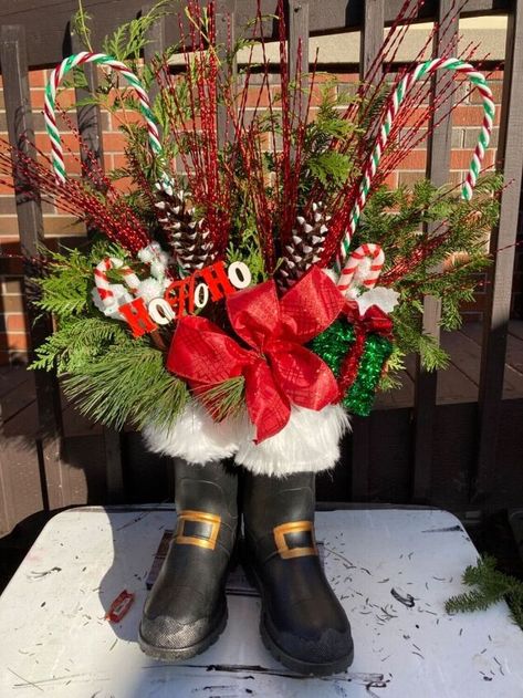 Every year I like to create winter planters. This year I wanted something different and I found my inspiration from an old pair of boots.  Repurposed old boots into Christmas decor with this recommended faux white fur that Amazon reviewers swear by! So here are the boots I will be using for this project. They served their purpose but now leak. The first step in this project is to give them a good cleaning. Here are my boots all clean and shiny again. All Santa boots need fur, and… Old Boots Repurpose, Winter Planters, St Nicholas Day, Winter Planter, Old Boots, Santa Boots, Christmas Villages, St Nicholas, White Fur