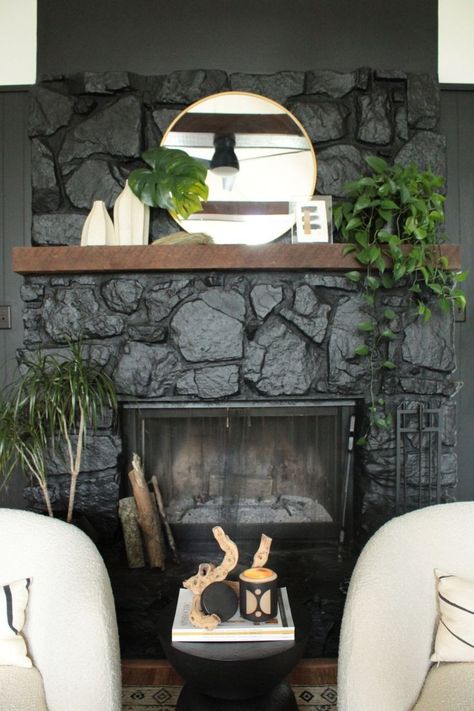 Black Stone Fireplace Ideas, Dark Painted Fireplace, Black Rock Fireplace, Paint A Stone Fireplace, Dark Stone Fireplace, Black Stone Fireplace, Painted Rock Fireplaces, Painted Fireplaces, Carmeon Hamilton