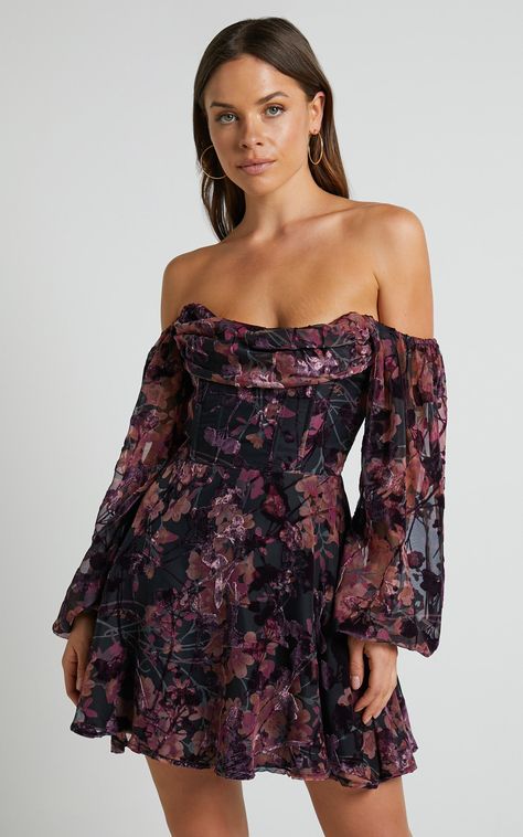 Jessell Mini Dress - Long Sleeve Cowl Corset Dress in Burnt Out Floral 30th Birthday Dress, Birthday Outfit Inspiration, Purple Velvet Fabric, Party Outfit Night Club, Famous Youtuber, Purple Mini Dress, Dresses For The Races, Fashion Diary, Green Prom