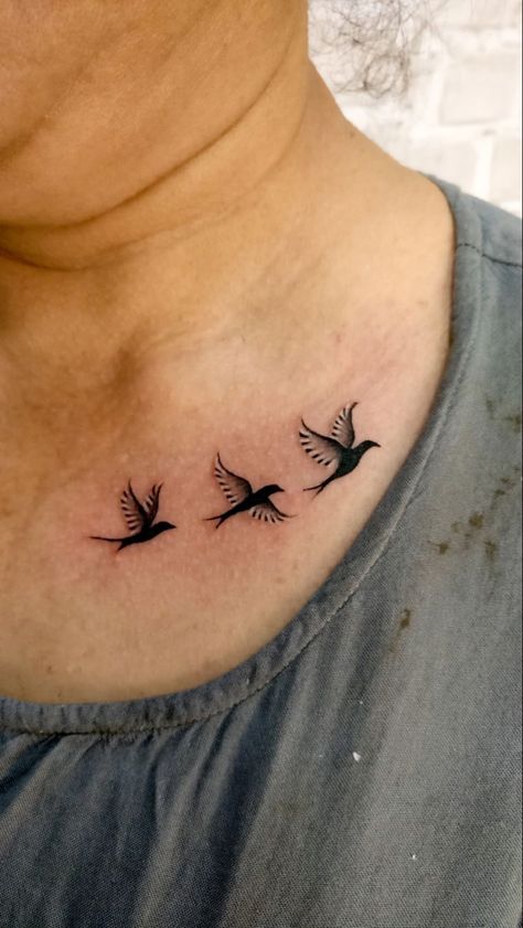 Small Flying Birds Tattoo Design, 3 Flying Birds Tattoo, 4 Doves Flying Tattoo, 3 Birds Flying Tattoo, Perched Bird Tattoo, Birds On Collar Bone Tattoo, Mama Bird Tattoo, Flying Bird Tattoos For Women, Flying Birds Tattoo Design