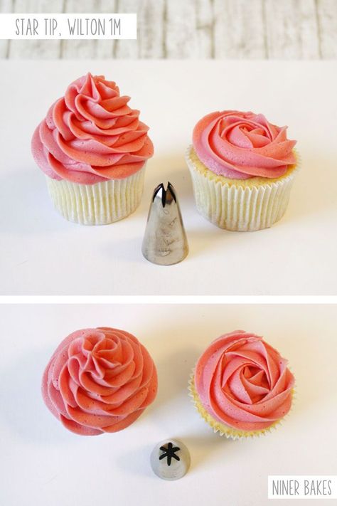 Now here comes a classic! Star tip (Wilton 1M).  You can make a classic swirl or create a beautiful rose on top of your cupcake. Start in the center and slowly, but with even pressure, move your decorating tip in a circular pattern around your center. Cupcake Frosting Tips, Man Cupcakes, Cupcake Piping, Frosting Techniques, Piping Techniques, Icing Frosting, Frosting Tips, Icing Tips, Cupcake Frosting