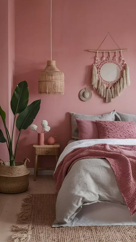 Earthy Bedroom Ideas! 25+ Calming Earthy Bedroom Ideas... Dusty Pink Paint Color Bedroom, Blush Pink Room Aesthetic, Dusty Pink Room Decor, Muted Pink Walls, Pink And Rust Bedroom, Blush Pink Accent Wall Bedroom, Pink Terracotta Bedroom, Pink Earthy Bedroom, Bedroom Dusty Pink