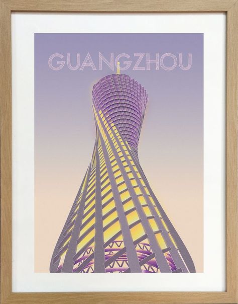 Worm's Eye View of a series of Towers. Canton Tower in Guangzhou, China. A spiralling tower in lightshow. Worm's Eye View, Tower Illustration, Canton Tower, Worms Eye View, Guangzhou China, Travel Illustration, Light Show, Guangzhou, A Series