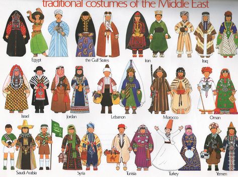 Traditional costumes of the Middle East Middle East Clothing, Middle Eastern Clothing, Middle Eastern Fashion, Medieval Clothing, Old Dolls, The Middle East, Fantasy Clothing, Fantasy Fashion, Historical Clothing