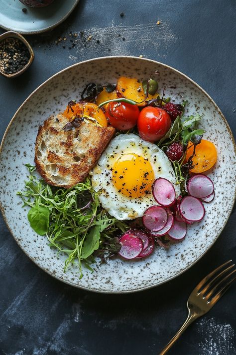 Plate with a fried egg, mixed greens, cherry tomatoes, radish slices, toast, and a fork on the side. Brunch Cafe Ideas, Italian Brunch Menu Ideas, Restaurant Brunch Ideas, Asian Brunch Ideas, Brunch Aesthetic Instagram, Brunch Plating, Sunday Brunch Aesthetic, Brunch Food Photography, Brunch Menu Design