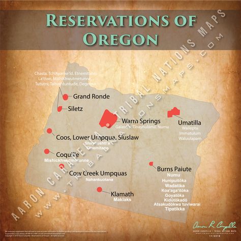 This map of Indian Reservations in Oregon documents the areas and locations of documented Native American (American Indian) reservations and tribal jurisdictions in what is now known as the state of Oregon. This map is a visual reminder of what the people who called this land home, were left with in the post-European contact world. To Native Americans and Indigenous Peoples, this land will always be our ancestral homeland. Washington Map, Arizona Map, Easy Marinades, Indian Reservation, Warm Springs, State Of Oregon, Kids Area, Us History, Map Poster