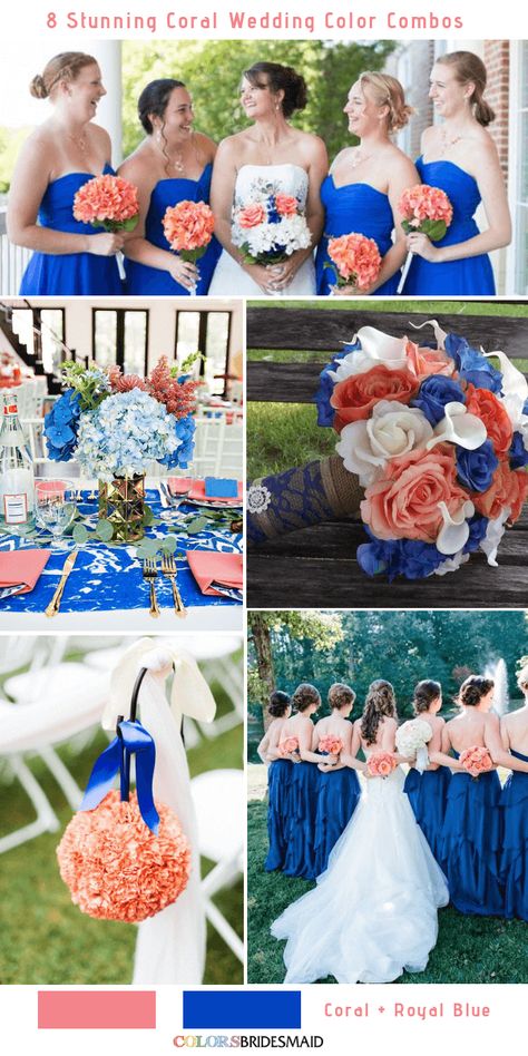 8 Stunning Coral Wedding Color Combinations You'll Love -No.6 Coral and Royal Blue #colsbm #bridesmaids #weddings #weddingideas #coralwedding b433 Royal Blue And Peach Wedding Theme, July Wedding Colors 2024, Royal Blue And Peach Wedding, Coral And Royal Blue Wedding, Royal Blue Color Combinations, Coral And Navy Blue Wedding, Wedding Color Royal Blue, Coral And Blue Wedding, Blue And Coral Wedding