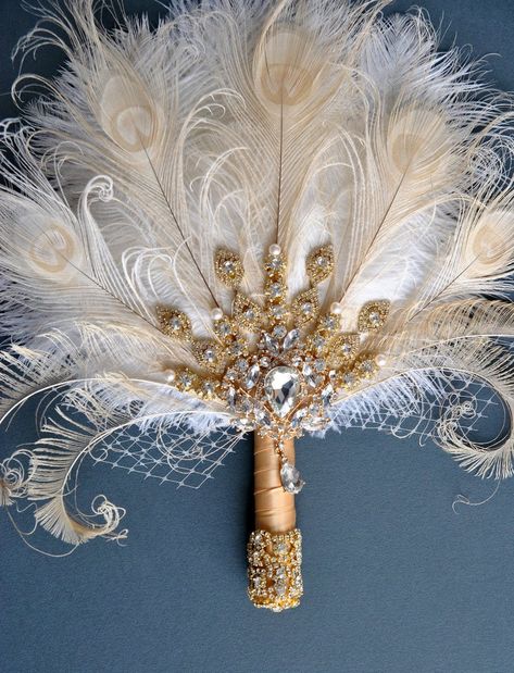 Bridal Bouquet Ivory, Feather Bouquet, 20s Wedding, Art Deco Party, Gold Bouquet, Bridal Brooch Bouquet, Great Gatsby Wedding, Parents Anniversary, 1920s Wedding