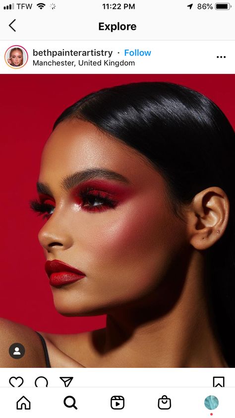 Red Sultry Makeup, All Red Makeup Looks, Red Contour Makeup, Sultry Valentines Day Makeup, Red Inspired Makeup, Peppermint Makeup Look, Runway Makeup Looks 2023, Editorial Runway Makeup, Creative Valentines Makeup