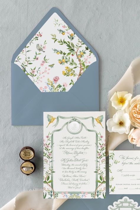 Pastel Garden Party, Garden Party Wedding Invitations, Watercolor Wedding Invitation Suite, Pastel Garden, Spring Garden Party, Blue Envelopes, Watercolor Floral Wedding Invitations, Envelope Liner, Garden Party Wedding