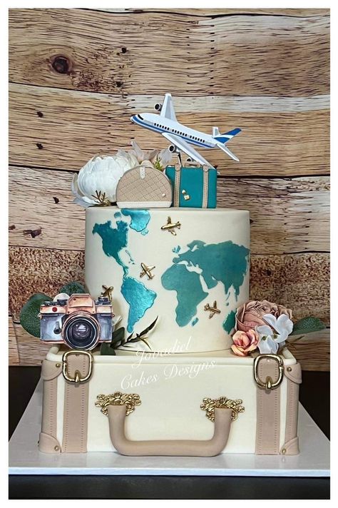 Around The World Birthday Cake, Airport Theme Cake, Travel Themed Cakes, Airplane Wedding Cake, Travel Cakes, Travel Theme Wedding Cake, Travel Wedding Cake, Fancy Birthday Cakes, Suitcase Cake