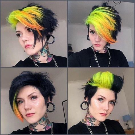 Short Dyed Hair Inspiration, Dyed Short Hair, Attractive Outfits, Rainbow Goth, Neon Green Hair, Neon Hair, Punk Hair, Edgy Hair, Alternative Hair