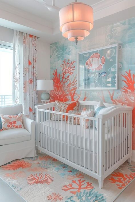 29 Coastal Nursery Ideas to Transform Your Baby's Room Reef Nursery, Coastal Nursery Ideas, Ocean Nursery Girl, Mermaid Nursery Theme, Sea Kids Room, Sea Nursery Theme, Nursery Ideas For Girls, Sea Life Nursery