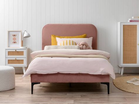 Luka Velvet King Single Bed - Blush Pink Velvet Single Bed, Wooden Bed Base, Modern Kids Beds, Childrens Bunk Beds, Kids Single Beds, Big Kid Bed, King Single Bed, Single Beds, Single Bed Frame