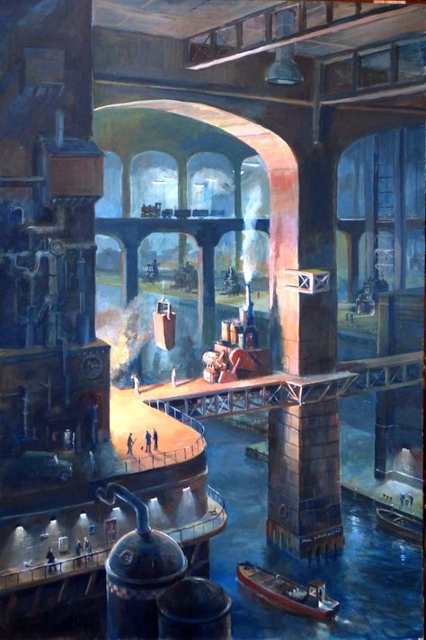 “Tapping number three”  Acrylic on board 36” x 24”   Nearing completion. Painting by Phil Lockwood. Phil Lockwood, Phil Lockwood Paintings, Steampunk Landscape Concept Art, Fantasy Industrial City, Steampunk Aesthetic City, Steampunk Floating City, Architectural Sculpture, Creative Profile Picture, Fantasy City