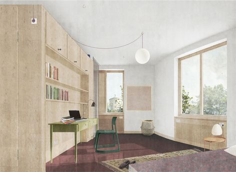 Sergison Bates architects Sergison Bates, Collage Architecture, Photoshop Rendering, Digital Rendering, Interior Design Renderings, Timber Ceiling, Terracotta Floor, Interior Design Presentation, Presentation Ideas