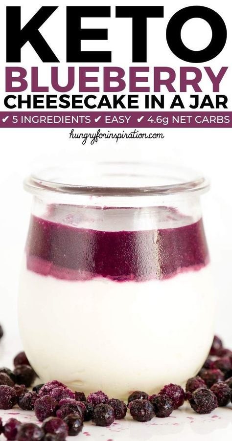 No Bake Keto Blueberry Cheesecake In A Jar with only 4.6g net carbs per serving! Super easy to make and perfect for all blueberry lovers on the ketogenic diet! Low Carb dessert #ketodessert #lowcarbdesserts #blueberryrecipes #ketotreat Keto Blueberry Cheesecake, Keto Blueberry, Cheesecake In A Jar, Low Carb Cheesecake, Keto Friendly Desserts, Low Carb Dessert, Keto Brownies, Keto Cheesecake, Blueberry Recipes