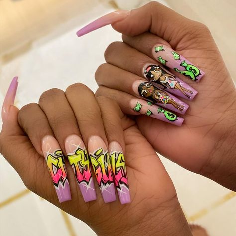 Chaun 🇰🇭 on Instagram: “Custom CityGirls Set @thegirljt 💰 💵💵” Graffiti Nails, Acrylic Nail Set, Nail Drawing, Long Acrylic Nail Designs, Art 2024, Drip Nails, Bling Acrylic Nails, Square Acrylic Nails, Girls Nails