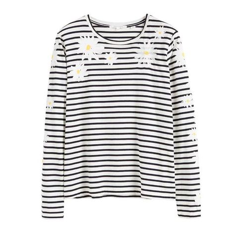 Chinti and Parker Ivory Cotton Debbie Long Sleeve T-Shirt Renew Clothes, Classic Button-up Tops With Contrast Stripes, Cotton Button-up Tops With Horizontal Stripes, Cotton Button-up Top With Contrast Stripes, Breton Top, Striped Tops, Clashing Prints, Affordable Cotton T-shirt With Contrast Stripes, Everyday Uniform