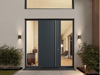 House Door Entrance, H Shaped House, Entrance Fence, Glass Hallway, Front Entrance Doors, Glass Entrance Doors, Hall Doors, Aluminium Front Door, Front Door Lighting