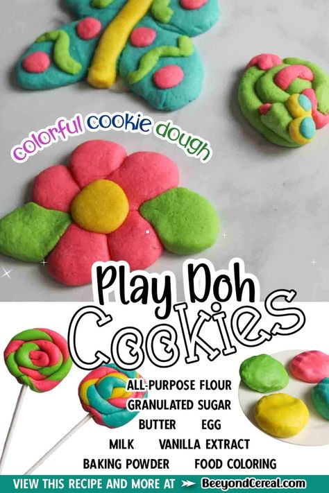 Play doh cookies are a fun colored sugar cookie dough that the kids can shape into fun artistic works of art that they can eat! With this dough they can enjoy this sensory project through touch, feel and taste. They're going to love watching creations come to life and you're going to love watching them have so much fun! Playdough Cookies Recipe, Cookie Dough Playdough Recipe, Play Dough Cookies, Decorating Cookies With Kids, Colored Sugar Cookies, Marshmallow Playdough, Edible Playdoh, Cookies Crumble, Name Cookies