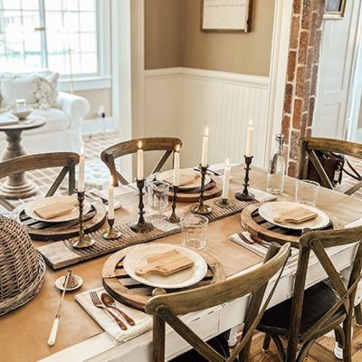 PUMPKIN AND PINE | Shop Sales Events Antique Farmhouse Simple Tablescapes, Primitive Table, Blue Harvest, Rattan Tray, Gathering Table, Glass Votive Holders, Stacked Pumpkins, Wooden Panel, Charger Plate