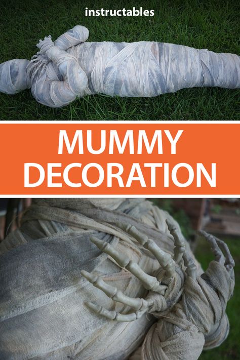 Halloween Mummy Decorations Diy, Diy Mummy Prop, How To Make A Mummy Decoration, Mummy Decorations Halloween, Giant Halloween Decorations Diy, Mummy Diy Decoration, Diy Halloween Hands, Diy Mummy Decorations, Egyptian Halloween Decorations