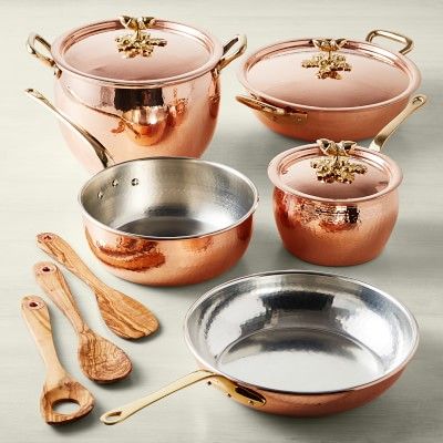 Ruffoni Historia Hammered Copper 11-Piece Cookware Set with Olivewood Kitchen Tools | Williams Sonoma Copper Pots And Pans, Copper Cookware Set, Copper Pans, Copper Cookware, Sauce Pot, Pots And Pans Sets, Stainless Steel Cookware, Cooking Pan, Copper Pots