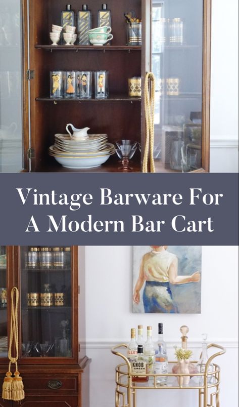 Vintage bar ware for modern bar cart Vintage Barware Display, Vintage Bar Cart Styling, Antique Bar Cabinet, Speakeasy Style, Cocktail Bar Cart, Small Bars For Home, Modern Bar Cart, Cart Ideas, Retro Cocktail