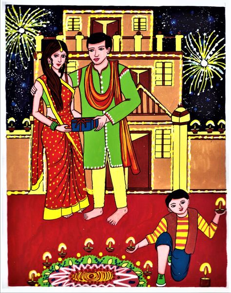 Diwali celebration scene drawing | Happy Diwali | Indian festival scenery using poster colors Diwali Scene Drawing, Diwali Celebration Drawing, Green Diwali Poster, Diwali Celebration Pictures, Indian Festival Drawing, Diwali Celebration Images, Diwali Festival Drawing, Celebration Drawing, Celebration Pictures