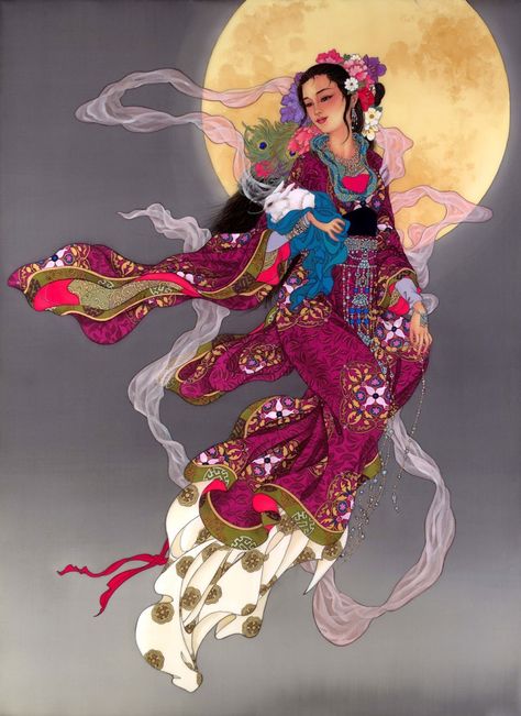 Moon goddess Korean Mythology, Art Geisha, Art Chinois, Geisha Art, Japanese Embroidery, Art Japonais, Goddess Art, Moon Goddess, Chinese Painting