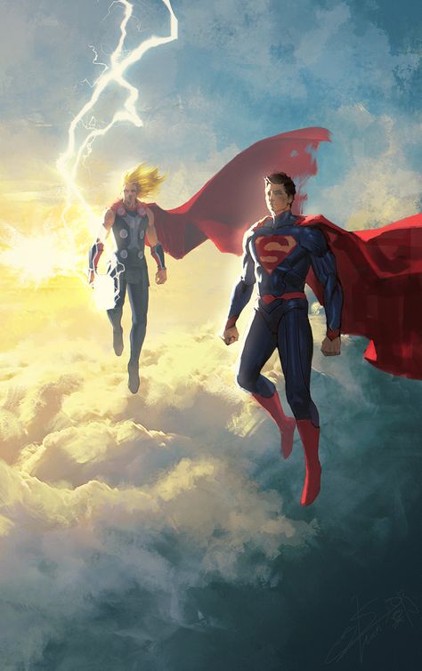 ArtStation - Superman & Thor, jeong seong hun Thor Vs Superman, Marvel And Dc Crossover, Superman Gifts, Thor Comic, Superman Art, Superman Comic, Arte Dc Comics, Marvel Thor, Comics Art