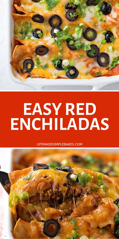 Easy red enchiladas filled with seasoned ground beef and a blend of cheddar and Monterey jack cheese. These flavorful enchiladas are always a hit! #redenchiladas #enchiladas #mexicanrecipes #beefenchiladas Enchiladas Mexicanas, Enchiladas Beef, Seasoned Ground Beef, Life Made Simple, Ground Beef Enchiladas, Red Enchiladas, Red Enchilada Sauce, Beef Enchiladas, Enchilada Recipes