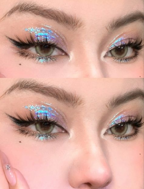 Pretty Glam Makeup, Intense Eyeshadow Looks, Opal Makeup Look, Colorful Natural Makeup, Holo Eye Make Up, Aquarius Makeup Aesthetic, Lavender Smokey Eye, Fairy Costume Makeup Glitter, Blue Iridescent Eye Makeup