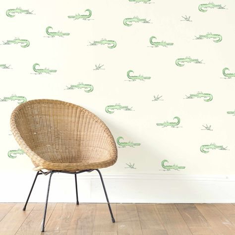 Green alligators nursery wallpaper for babies and children’s surface design Swamp Nursery, Louisiana Nursery, Gator Wallpaper, Moira Frith, Alligator Wallpaper, Alligator Nursery, Nursery Interior Design, Nursery Interior, Children's Home