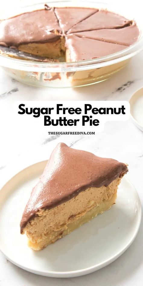 Sugar Free Peanut Butter Pie, a simple keto low carb dessert recipe made with a creamy peanut butter filling and a chocolate ganache topping. Sugar Free Peanut Butter Pie, Chocolate Ganache Topping, Sugar Free Pie, Sugar Free Desserts Easy, Low Sugar Desserts, Sugar Free Peanut Butter, Sugar Free Baking, Sugar Free Recipes Desserts, Chocolate Peanut Butter Pie