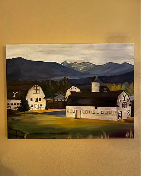 Painting of yellowstone ranch #bethdutton #dutton #yellowstone #art #wallartdecor #home #homedesign #farmhouse #ripwheeler #cozy #ranch #western #country #countryside #countrymusic #landscape #painting Yellowstone Art, Yellowstone Ranch, Painting Party, Yellow Stone, Paint Party, Landscape Painting, Country Music, Wall Art Decor, Farmhouse