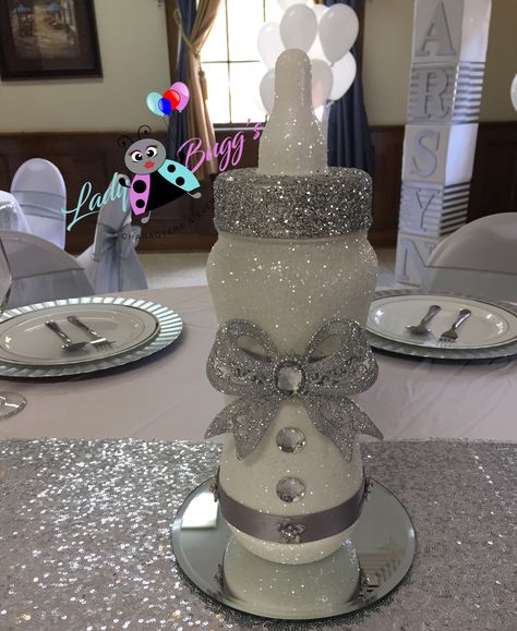 Purple Baby Shower Centerpieces, Gender Reveal Centerpieces Diy, Baby Bottle Decorations, Baby Bottle Diy, Rhinestone Bottle Alcohol 21st Birthday, Baby Bottle Made Out Of Balloons, Poppin Bottles Baby Shower Theme, Sparkle Jars Glitter Bottles, Bling Baby Shower