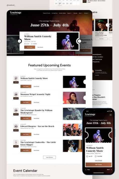 A Responsive Website Design for a Luxury New York Theater with an Upcoming Event Schedule Social Media Manager Website, Luxury New York, Webinar Design, Event App, New York Theater, Best Landing Page Design, E Ticket, Data Visualization Design, Booking Website