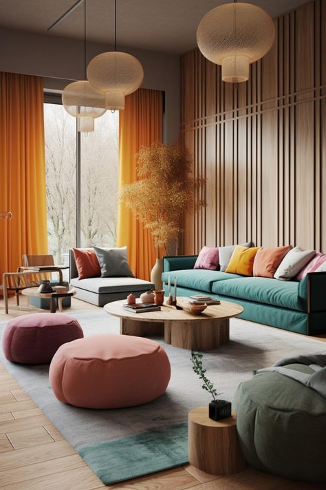 Orange Wood Floor Living Room, Sunset Living Room, Whimsical Living Room, Living Room Japandi, Japandi Living Room Design, Board Rooms, Japandi Living Room, Scandinavian Modern Design, Open Kitchen And Living Room