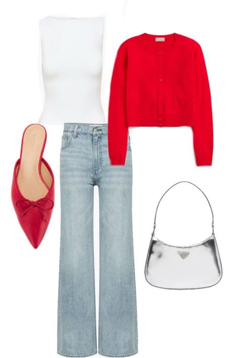 Casual Outfits With Red Heels, Red Heel Outfits, Sweater Outfit With Jeans, Red Outfit Casual, Silk Top Outfit, Red Heels Outfit, Red And White Outfit, White Top And Blue Jeans, Outfit Country Concert