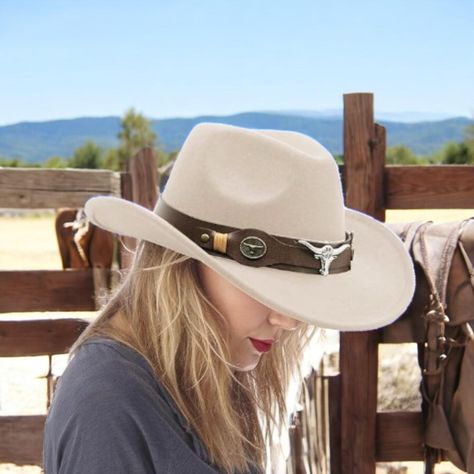 Step into the spotlight with this Stylish Wide Brim Cowgirl Hat - the perfect accessory for any Western-inspired outfit! Whether you're heading to a rodeo, a country music festival, or just want to add a touch of rustic charm to your everyday look, this hat is designed to make you stand out. With its adjustable fit and timeless design, it's a must-have for every cowgirl's wardrobe. Key Features: Adjustable Fit: Features an adjustable tie inside for a customized, comfortable fit. Hat Circumference: 56-58 cm (22-22.8") - fits most head sizes. Wide Brim: 7 cm (2.75") brim provides excellent sun protection and adds a bold Western flair. Hat Height: 12 cm (4.7") - perfectly proportioned for a stylish yet practical look. Versatile Design: Ideal for women who love country fashion, Western themes, Country Music Festival, Western Cowboy Hats, Love Country, Country Fashion, Cowgirl Hat, Country Concerts, Western Design, Western Theme, Cowgirl Hats