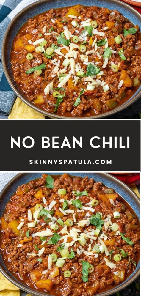 No Bean Spicy Chili, Garbanzo Bean Chili, Chilli Recipe No Beans, No Bean Chilli, Chili Recipe No Beans, Chili Recipe With Corn, Beanless Chili Recipe, Beanless Chili, Chili Without Beans