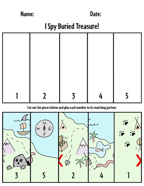 Check out these great printable worksheets for preschool! Cut and paste numbers 1-5. Build fine motor skills! Pirate Activities for Preschool | Pirate Worksheets for Preschool | Pirate Theme | Free Worksheets for Preschool | Treasure Map | Preschool Puzzles Pirate Maths Activities, Pirate Worksheets, Pirate Crafts Preschool, Pirate Activities Preschool, Puzzle For Preschool, Pirate Maths, Pirate Preschool, Pirate Printables, Camping Theme Preschool