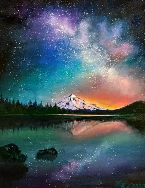 Night Sky Painting, Christmas Paintings On Canvas, Galaxy Painting, Night Landscape, Milky Way Galaxy, Sky Painting, Galaxy Art, Original Landscape Painting, Night Painting