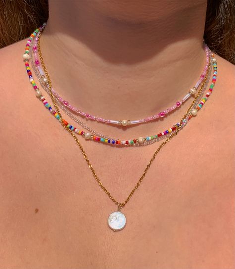 Necklace Stack Beaded, Multicolor Beaded Chain Necklace For Spring, Cute Multicolor Beaded Chain Necklace, Multicolor Beaded Chain Layered Necklace As Gift, Beaded Necklace Stack, Summer Necklace Stack, Playful Pink Beaded Chain Necklaces, Playful Multicolor Beaded Chain Necklace, Stacked Necklaces