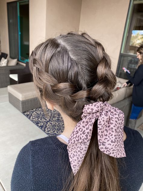 double dutch braids into a low pony Two French Braids Into Low Ponytail, Braids To Low Pony, 2 Braids Into A Ponytail, Two Braids Into Low Ponytail, Double Dutch Braid Ponytail, Cute Cheer Hairstyles, Double Braid Hairstyles, Dutch Plait, Low Pony Hairstyles