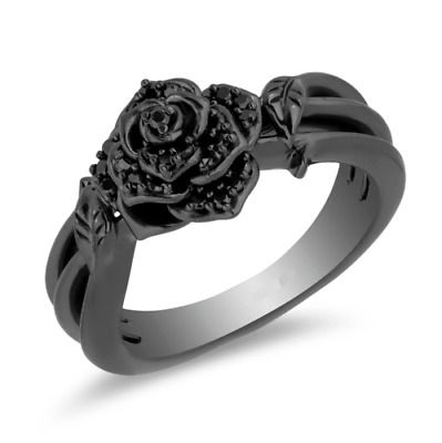 (eBay) Enchanted 0.8 CT Black Simulated Diamond Maleficent Rose Style Engagement Ring Alt Rings, Emo Rings, Horror Wedding, Rose Rings, Enchanted Disney, Enchanted Jewelry, Enchanted Disney Fine Jewelry, Cool Rings, Flower Engagement Ring